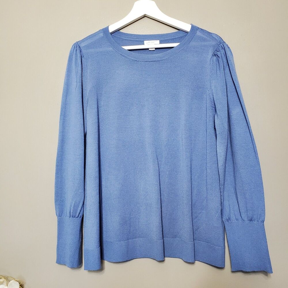 J. Jill Merino Wool Sweater Petite Size Large Blue Washable Knit Pull Over